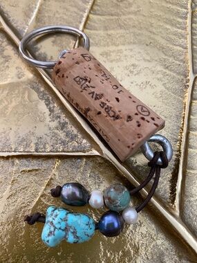 Keychain Handmade with Wine Cork Turquoise Pearl and other Crystal Beads